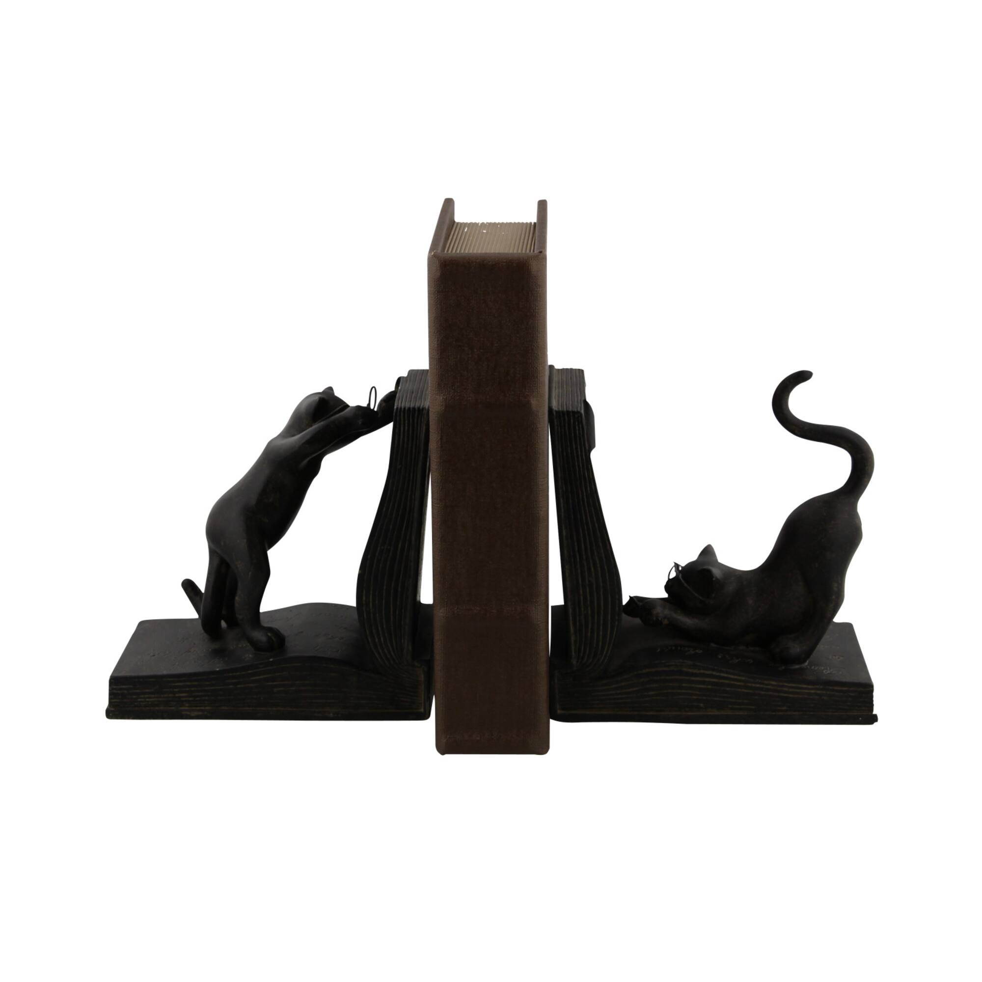 Black Polystone Eclectic Cat Bookends Set